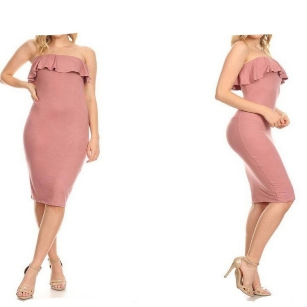 Pink Ruffled Bodycon fitted Midi Dress mauve Med